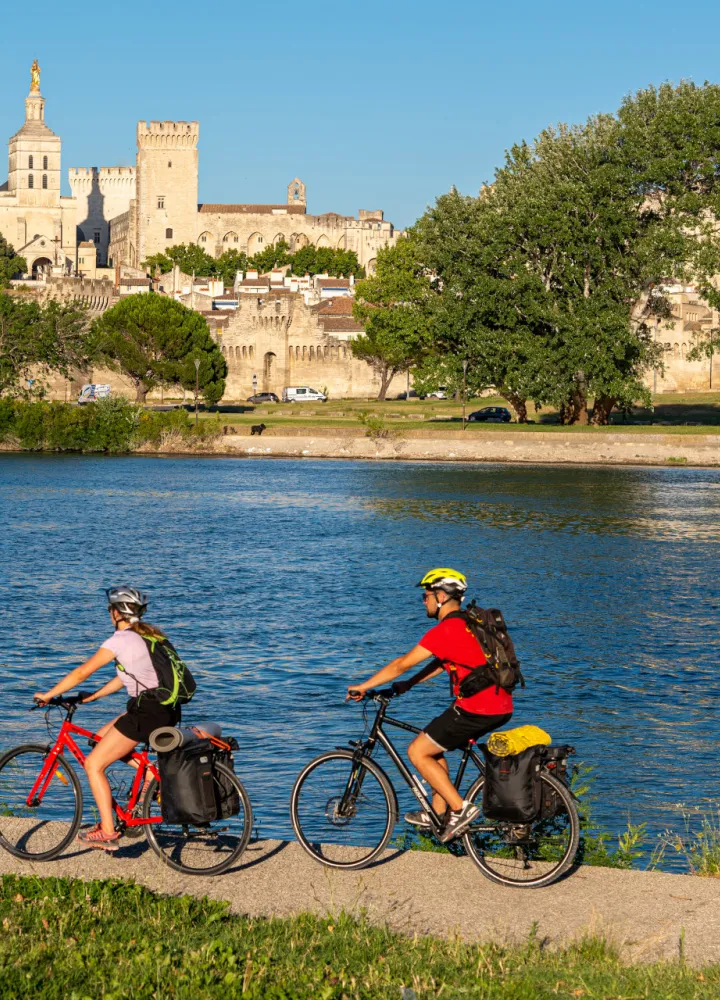 Cyclists along the Rhône river in front of Arles