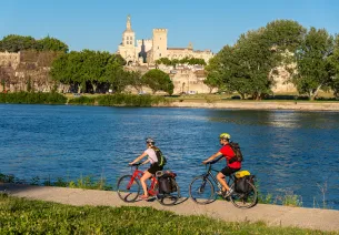 Cyclists along the Rhône river in front of Arles